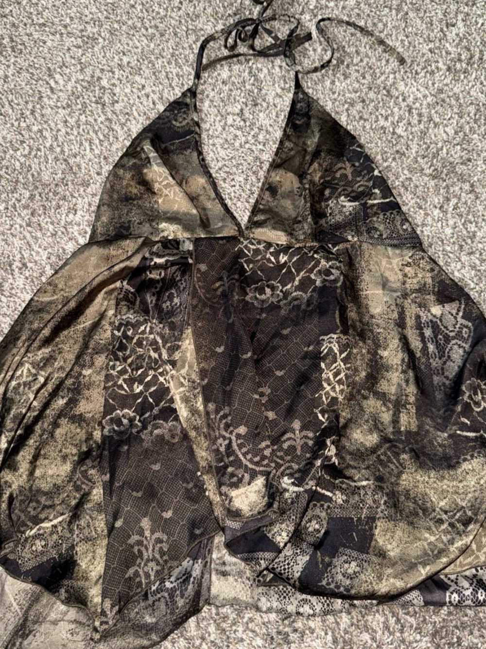 Y2k Women’s Black and Taupe Lace-Pattern Halter Top
